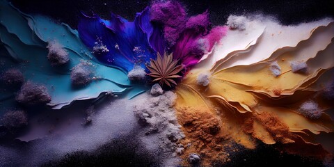 Colorful powder explosion abstract background. Colored sand dust texture. Ai generated decorative Colorful holi festival paint powder horizontal illustration.