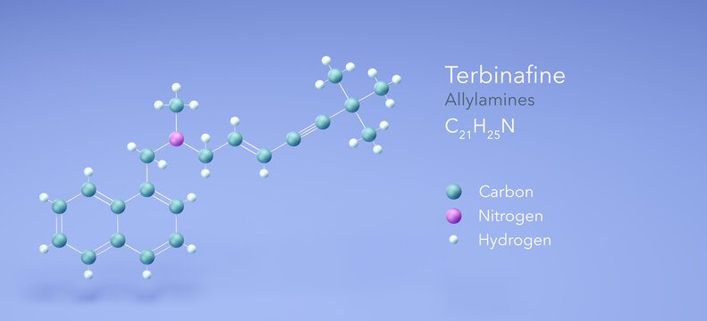 terbinafine molecule, molecular structures, antifungal medication, 3d model, Structural Chemical Formula and Atoms with Color Coding