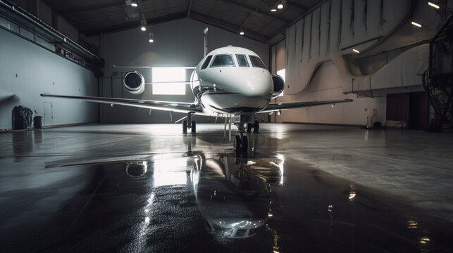 A luxury private plane parked in a private hangar Generative AI
