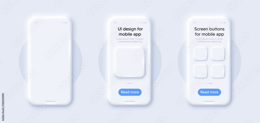 Poster phone screen mockups. cellphone 3d frame with app templates. smart phone application design with but