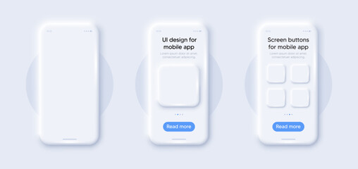 Phone screen mockups. Cellphone 3d frame with app templates. Smart phone application design with buttons. Mock up designs, smartphone screen 3d banners with buttons. Mobile phone technology. Vector