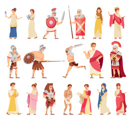 Romans Man and Woman in Traditional Ethnic Clothing with Warrior and Emperor Big Vector Set - obrazy, fototapety, plakaty