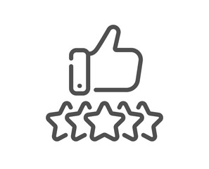 Customer satisfaction icon. Quality review feedback with stars. Rate best service with thumb up hand. Client service review. Rate customer satisfaction, high quality. User feedback stars. Vector
