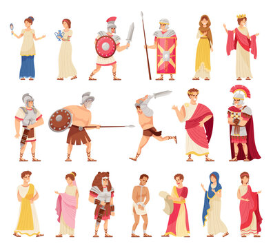 Romans Man and Woman in Traditional Ethnic Clothing with Warrior and Emperor Big Vector Set