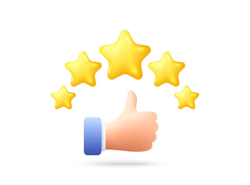 Customer satisfaction 3d icon. Quality review feedback with stars. Rate best service with thumb up hand. Client service review. Rate customer satisfaction, high quality. User feedback stars. Vector