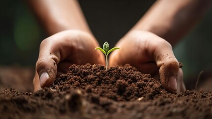 Close up human's hands with soil and fresh spring sprout. New beginning concept with young plant. Organic life illustration. AI generative image.