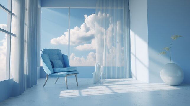 A blue room with a chair, vases, and a window with a blue sky in the window. Generative ai