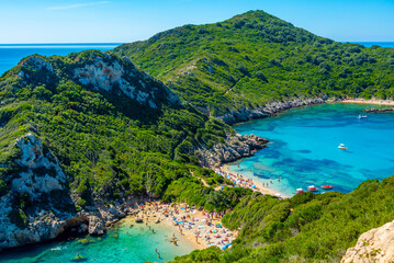 Panorama of Porto Timoni beach at Greek island Corfu