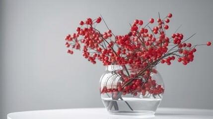 Branches with red berries in a glass vase on a light background. Mock up for displaying works and products. Copy space, text space. Generative ai