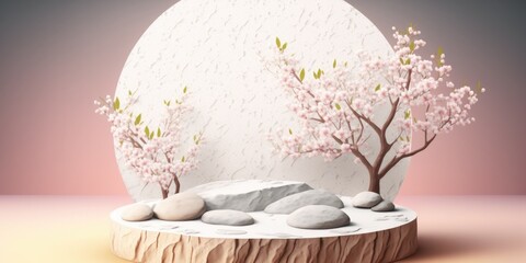 Empty podium mock up stone display, blank cosmetic ads stand product placement nature sakura tree ads on minimal color background, pedestal mockup scene platform ai generative promotion concept.
