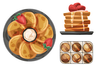 A set of painted pancakes from different angles. Additives in the form of sour cream and strawberries. Eggs