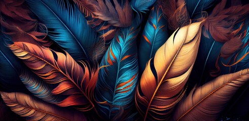 Feathers texture bright horizontal abstract background. Creative feather pattern. AI generated artistic horizontal template for design. Collage print with decorative feather texture, modern art.