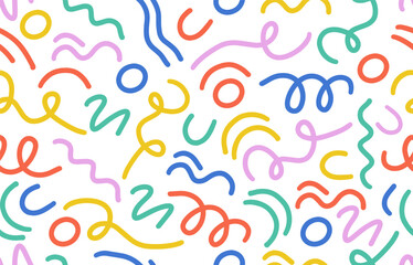 Vector colorful line doodle seamless pattern. Creative abstract style art symbol background for children or celebration design with basic shapes. Simple childish scribble wallpaper print.