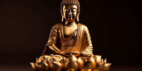 Golden Buddha statue with lotus flower decorations - Generative AI