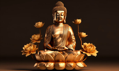 Fototapeta premium Golden Buddha statue with lotus flower decorations - Generative AI