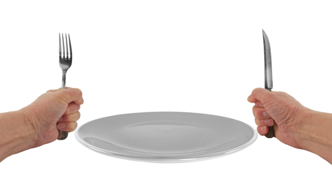 Dinner time with knife, fork and empty plate isolated on a transparent background - Powered by Adobe