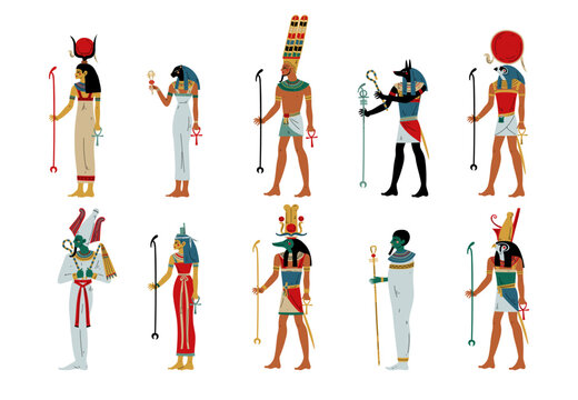 Set of Egyptian gods and goddesses. Osiris, Horus, Ra, Hathor, Ptah, Sekhmet, Maat ancient Egyptian deities vector illustration