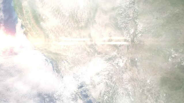 Earth zoom in from outer space to city. Zooming on Camp Verde, Arizona, USA. The animation continues by zoom out through clouds and atmosphere into space. Images from NASA