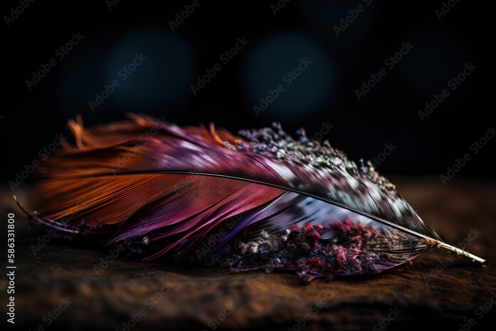 Poster a close up of a feather on a table with a blurry back ground in the background and a blurry back gro