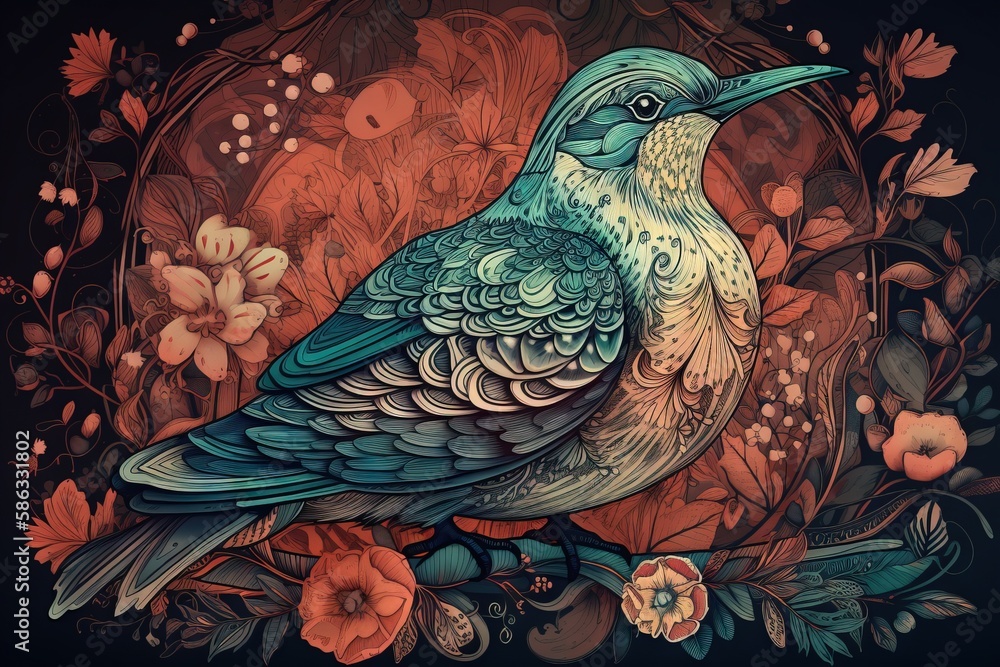 Poster a colorful bird sitting on a branch with flowers around it's edges and a circular frame around it's 