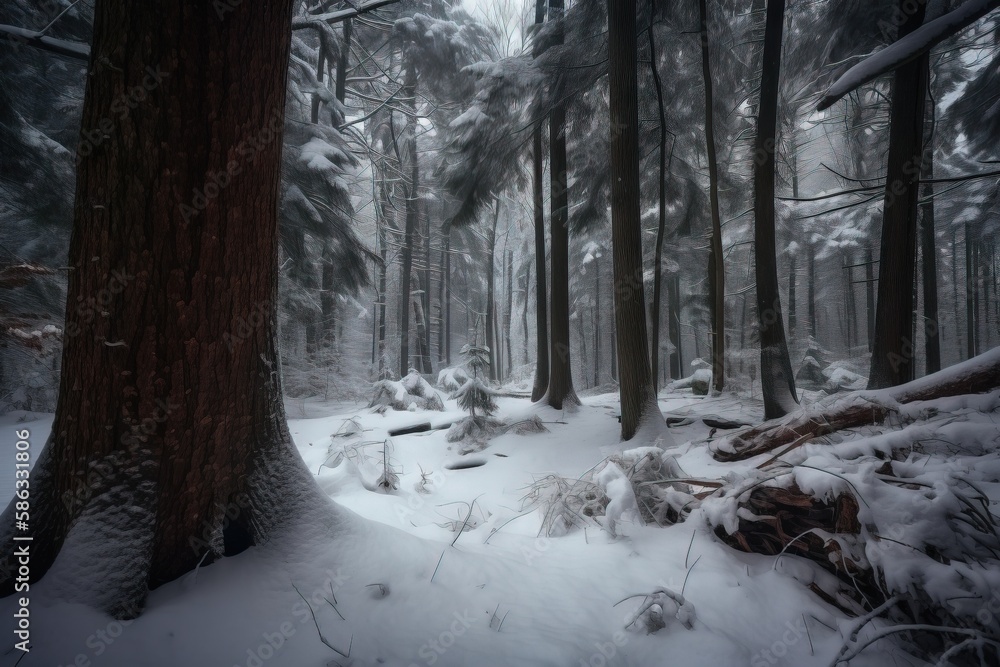 Poster a snowy forest filled with lots of trees and a lot of snow on the ground and on top of the trees is 