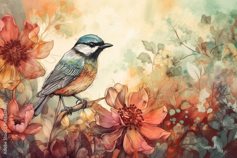 Poster a painting of a bird sitting on a branch with flowers in the background and a sky in the background 