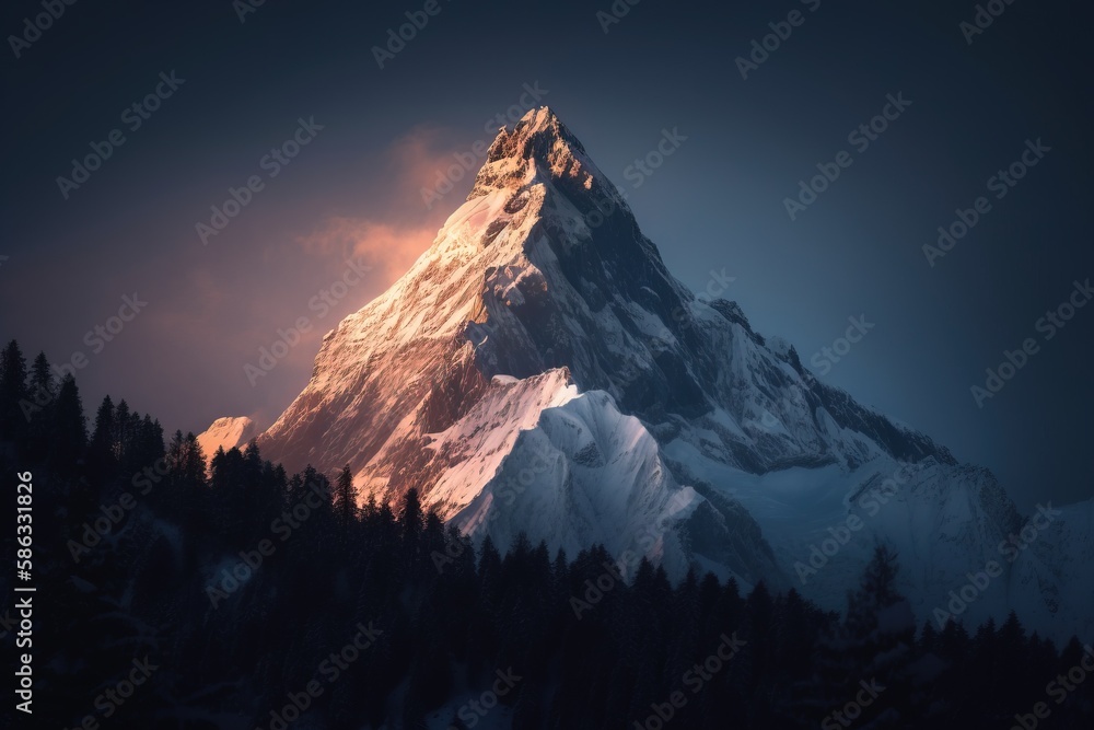 Poster a snow covered mountain with trees in the foreground and a dark sky in the background with clouds in