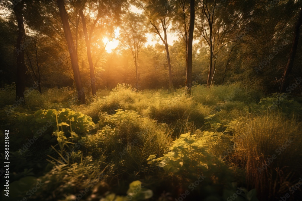 Poster the sun is shining through the trees in the forest with tall grass and flowers in the foreground and