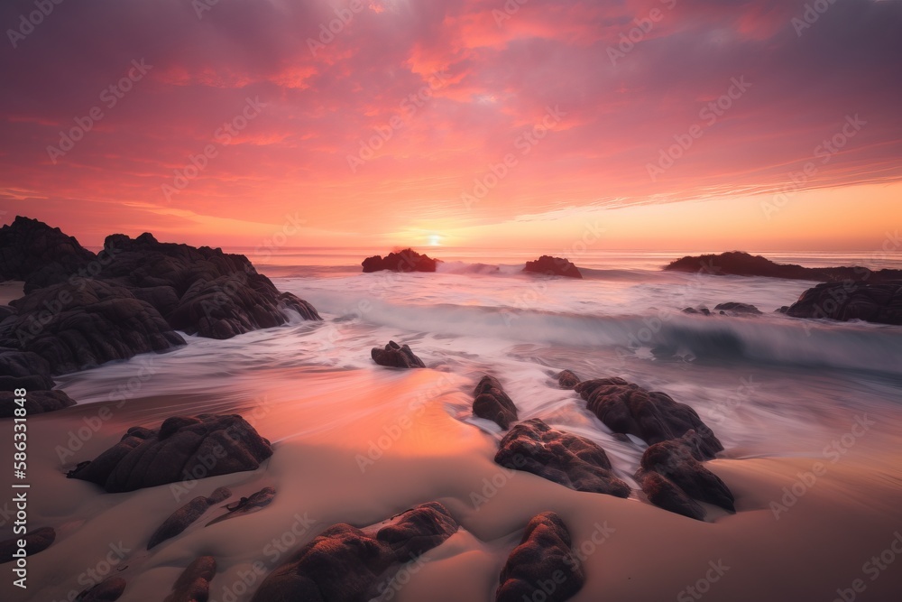 Poster a sunset over the ocean with rocks and waves in the foreground and a pink sky in the background with