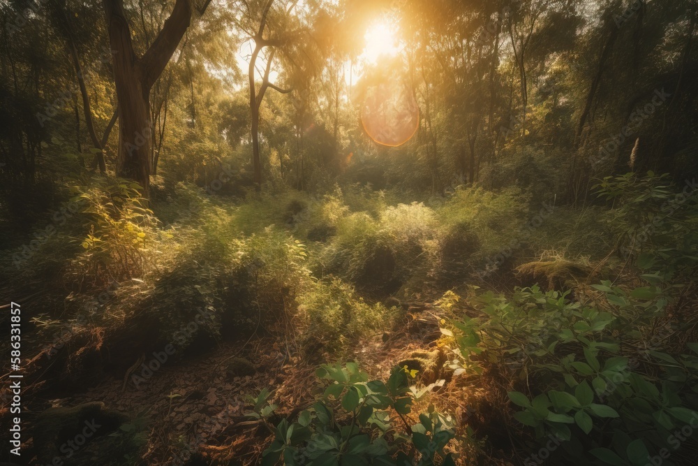 Poster the sun shines through the trees in the forest with tall grass and trees in the foreground and a pat