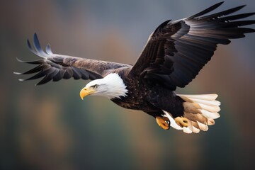 Fototapeta na wymiar a bald eagle flying through the air with its wings spread out and it's wings spread out and it's talons out. generative ai