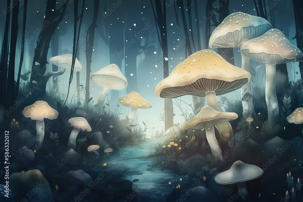 Poster a group of mushrooms in a forest with a stream running through it and snow falling on the ground and