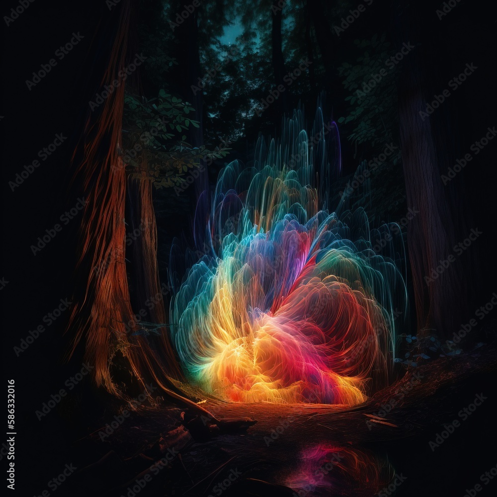 Poster an abstract photograph of a colorful object in the dark forest with trees in the background and a br
