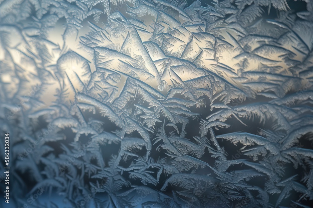 Poster a close up of a frosted window with a tree in the background and a sun shining through the window pa