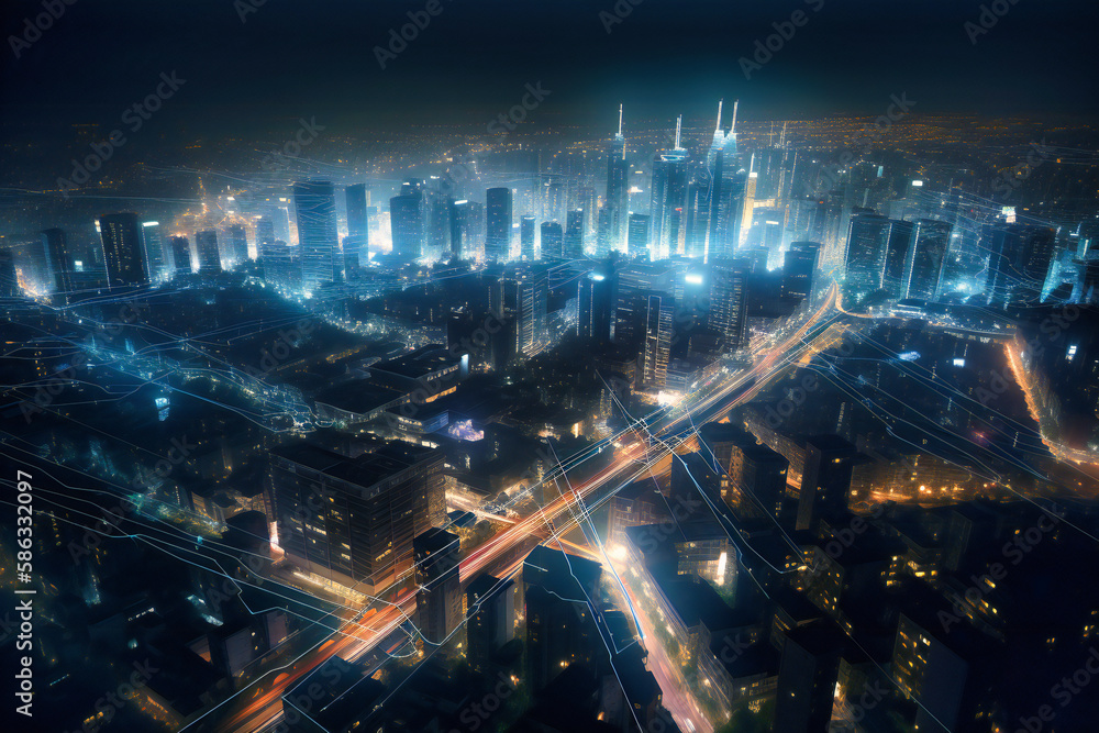 Poster high-speed internet and state-of-the-art communication networks transform the industrial skyline, fa