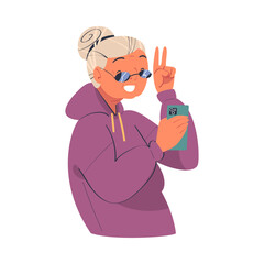 Active senior lady blogger doing victory sign hand gesture while streaming online video or taking photo portrait. Elderly people video communication vector illustration