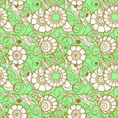 seamless pattern of large white flowers with a golden outline on a green background, texture, design