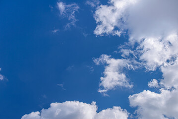 Beautiful blue sky with white clouds. Horizontal background or texture. Copy space.