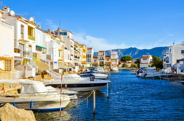 Fototapeta na wymiar Summer panorama of Empuriabrava with yachts, boats and waterways in Costa Brava, Catalonia, Spain