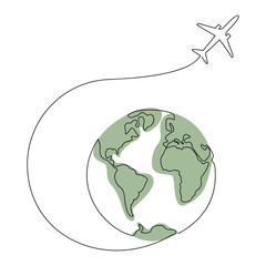 Plane flying around Earth drawn in one continuous line with color spot. One line drawing, minimalism. Vector illustration.