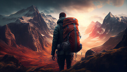 Human silhouette on the mountains background. Realistic illustration