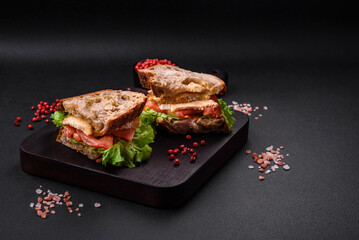 Delicious sandwich with crispy toast, chicken, tomatoes and lettuce