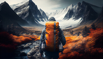 Human silhouette on the mountains background. Realistic illustration