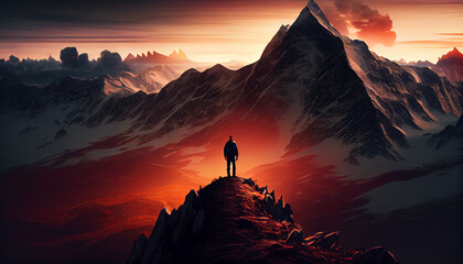 Human silhouette on the mountains background. Realistic illustration