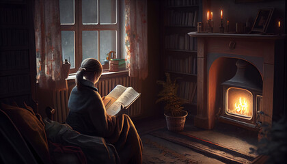 A photo of a person reading a book in a cozy nook. Realistic illustration