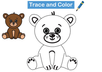 Trace and color page for kids. Cartoon bear character. Vector illustration.