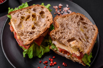 Delicious sandwich with crispy toast, chicken, tomatoes and lettuce