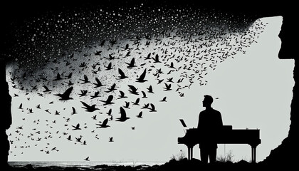 Person silhouette on the edge of a cliff sings and plays piano. White and black illustration