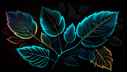 Image of leaves over blue neon on black background. Realistic illustration