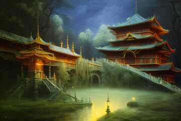 Japoński pałac w mrocznej scenerii, abstrakcja. Generative AI - obrazy, fototapety, plakaty